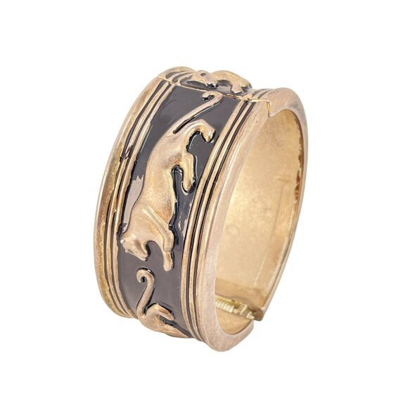 Walking Leopard Enamel and Silver Plate Bangle Bracelet Hinged Black Silver - Picture 5 of 6